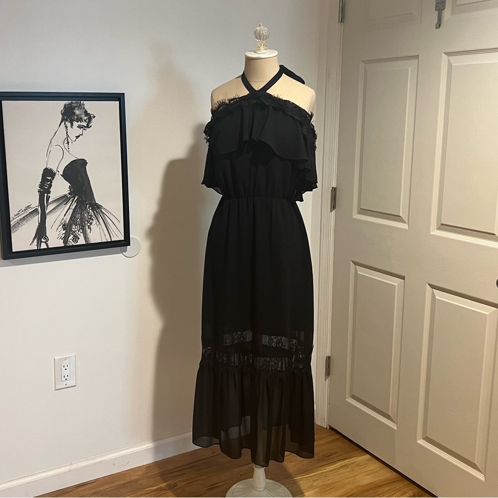 Maxi Anthropologie lace black dress off shoulder size M
